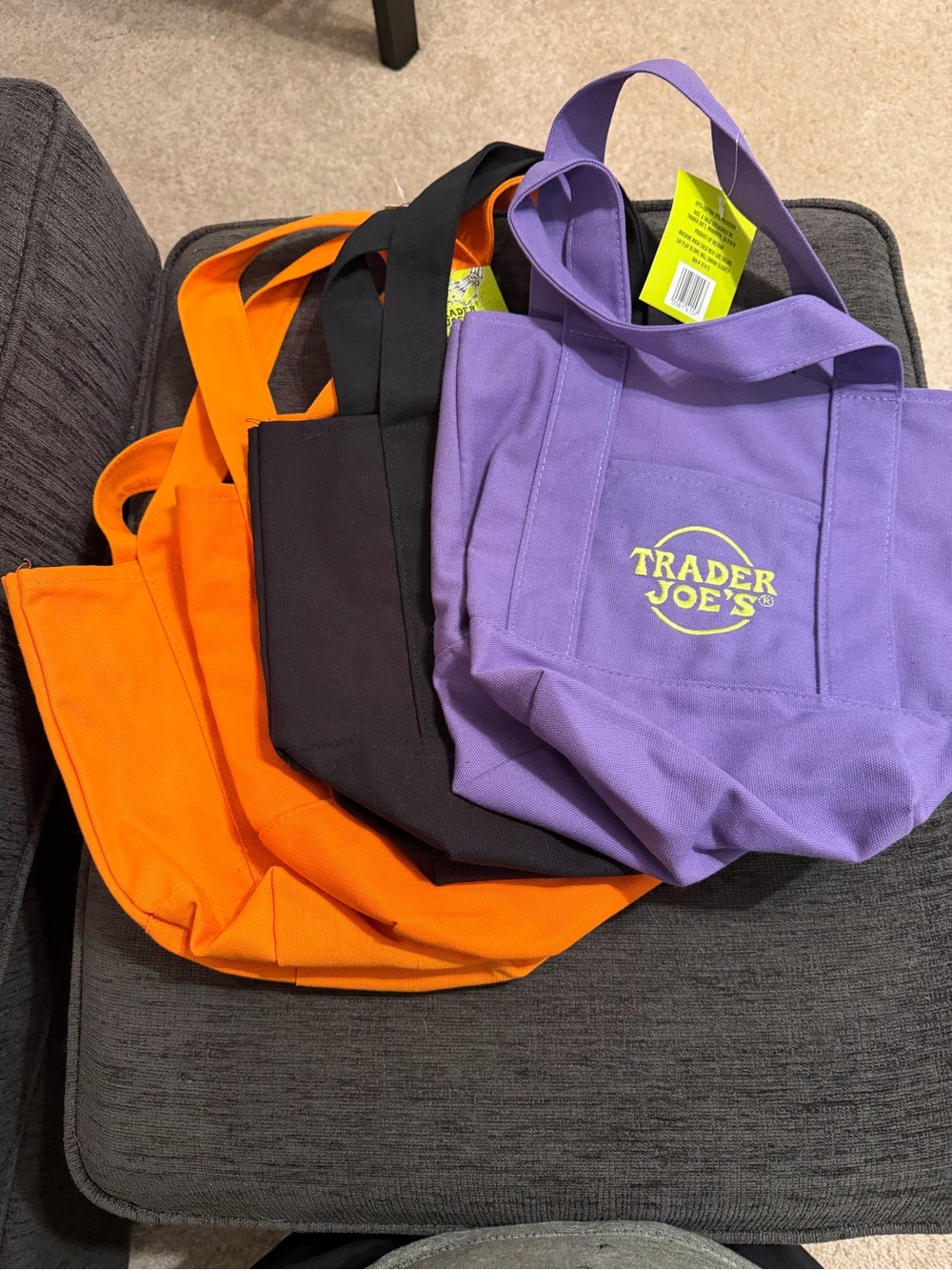 Trader Joe’s Trick or Treat Canvas Tote Bag, black purple & 2 Orange